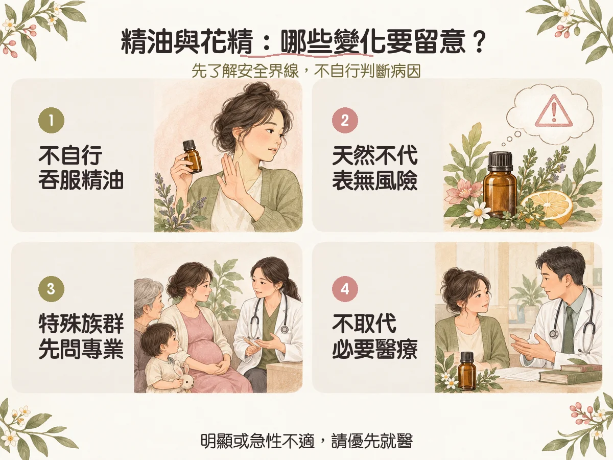 精油與花精：哪些變化要留意？：不自行吞服精油、天然不代表無風險、特殊族群先問專業、不取代必要醫療
