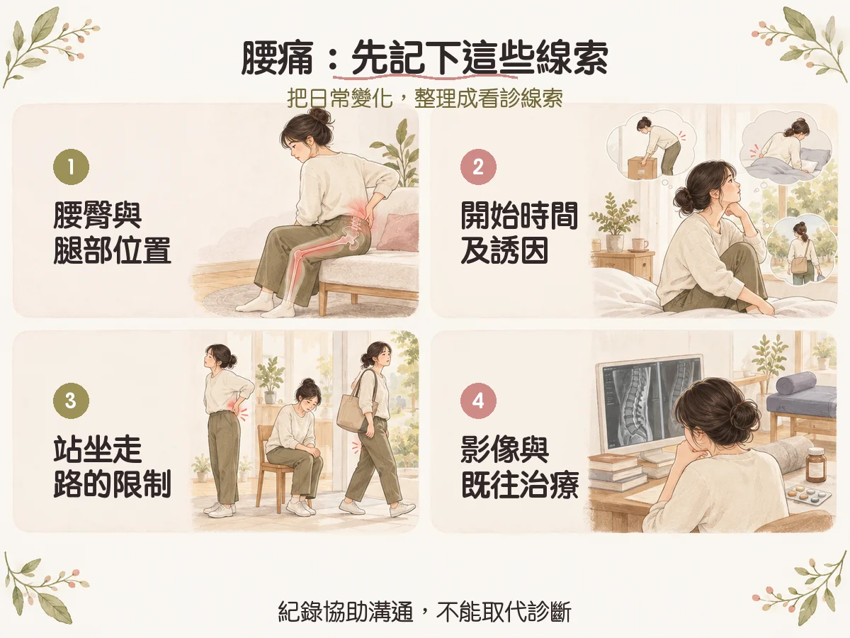 腰痛反覆發作?先了解症狀、就醫警訊與評估方向 1 腰痛:先記下這些線索:腰臀與腿部位置、開始時間及誘因、站坐走路的限制、影像與既往治療