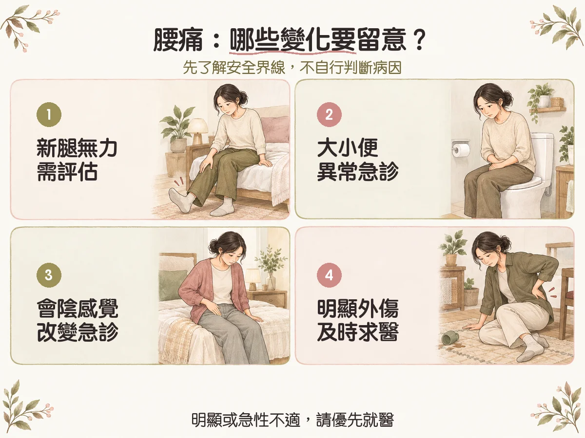 腰痛反覆發作?先了解症狀、就醫警訊與評估方向 2 腰痛:哪些變化要留意?:新腿無力需評估、大小便異常急診、會陰感覺改變急診、明顯外傷及時求醫