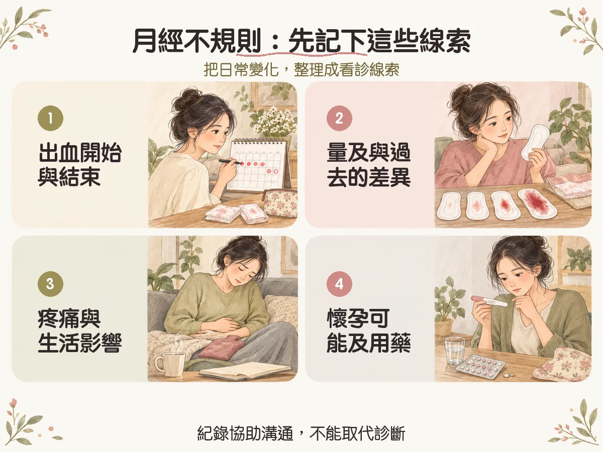 月經不規則怎麼辦?週期紀錄、可能原因與就醫評估 1 月經不規則:先記下這些線索:出血開始與結束、量及與過去的差異、疼痛與生活影響、懷孕可能及用藥