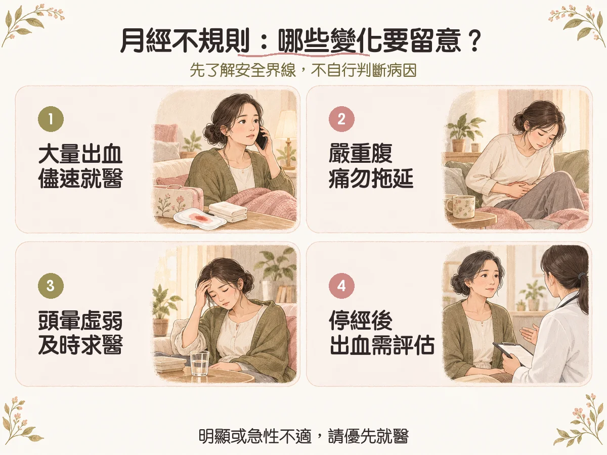 月經不規則怎麼辦?週期紀錄、可能原因與就醫評估 2 月經不規則:哪些變化要留意?:大量出血儘速就醫、嚴重腹痛勿拖延、頭暈虛弱及時求醫、停經後出血需評估
