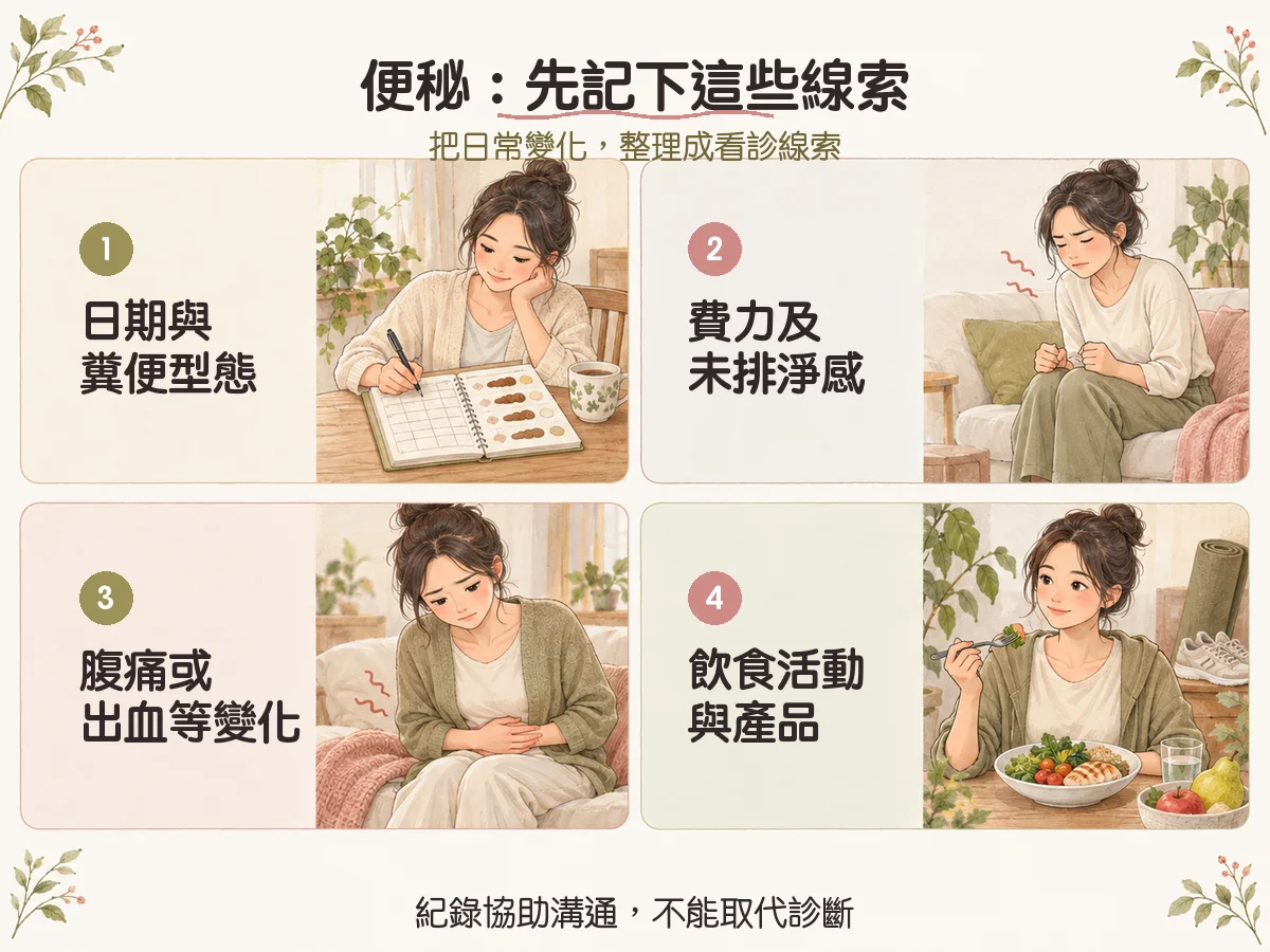 便秘：先記下這些線索：日期與糞便型態、費力及未排淨感、腹痛或出血等變化、飲食活動與產品