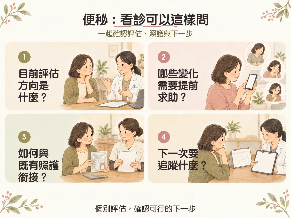 便秘：看診可以這樣問：目前評估方向是什麼？、哪些變化需要提前求助？、如何與既有照護銜接？、下一次要追蹤什麼？
