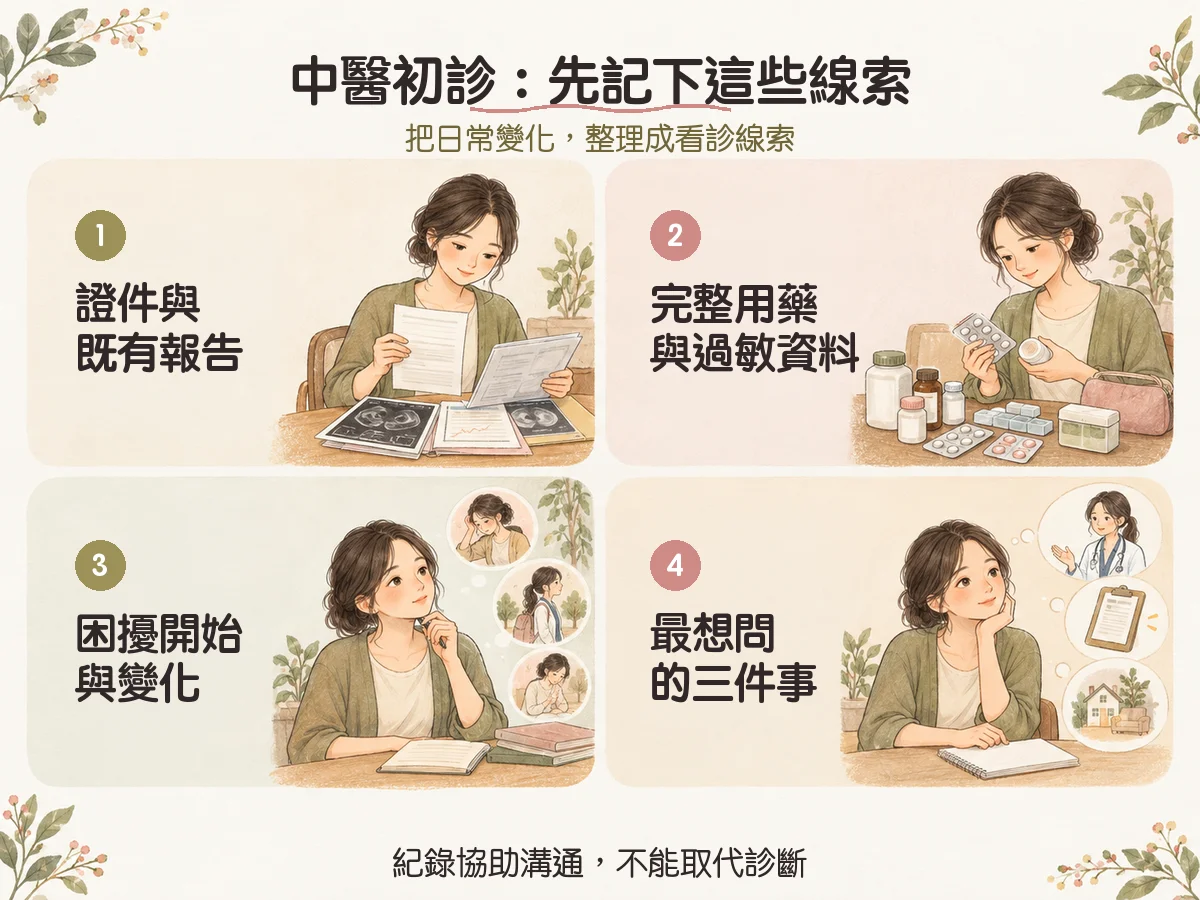 中醫初診要準備什麼?第一次看中醫的資料、用藥與看診流程 1 中醫初診:先記下這些線索:證件與既有報告、完整用藥與過敏資料、困擾開始與變化、最想問的三件事