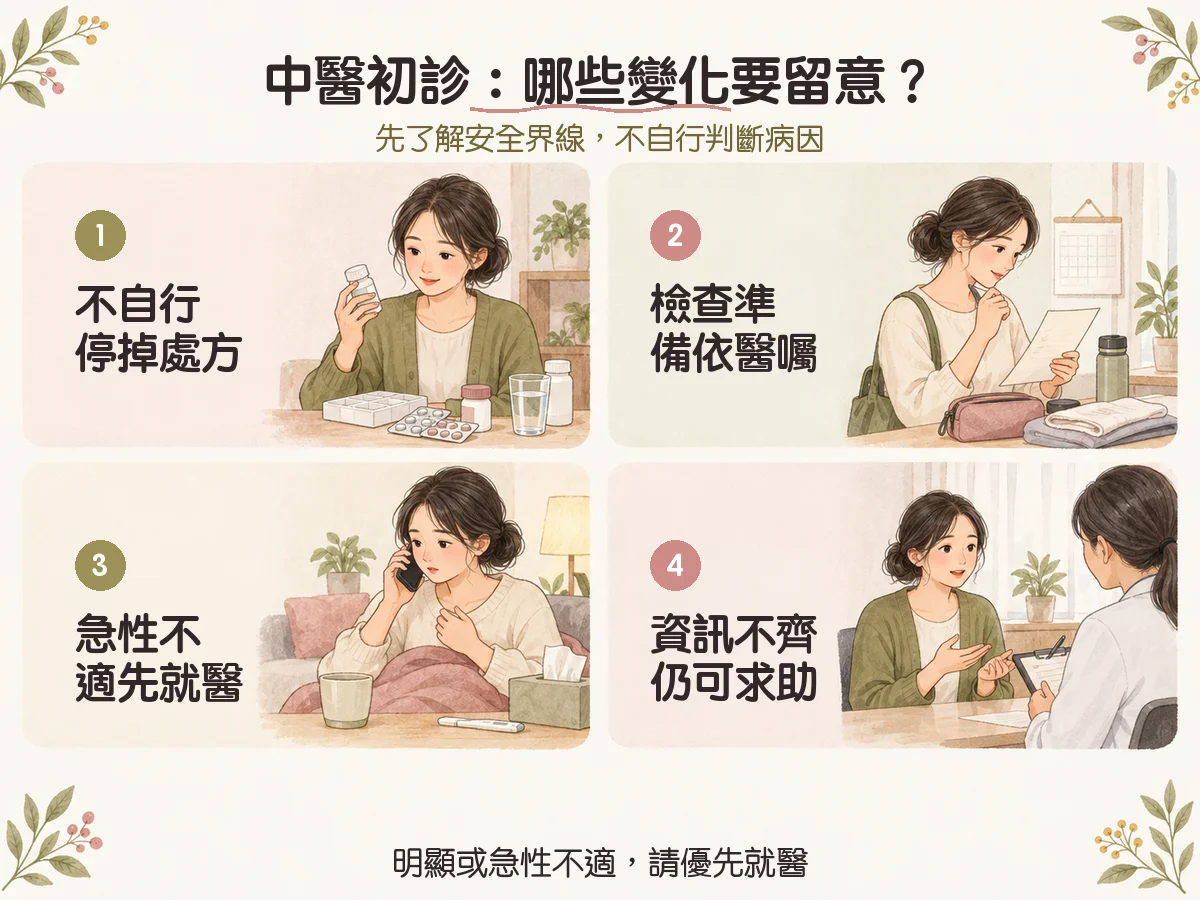 中醫初診要準備什麼?第一次看中醫的資料、用藥與看診流程 2 中醫初診:哪些變化要留意?:不自行停掉處方、檢查準備依醫囑、急性不適先就醫、資訊不齊仍可求助
