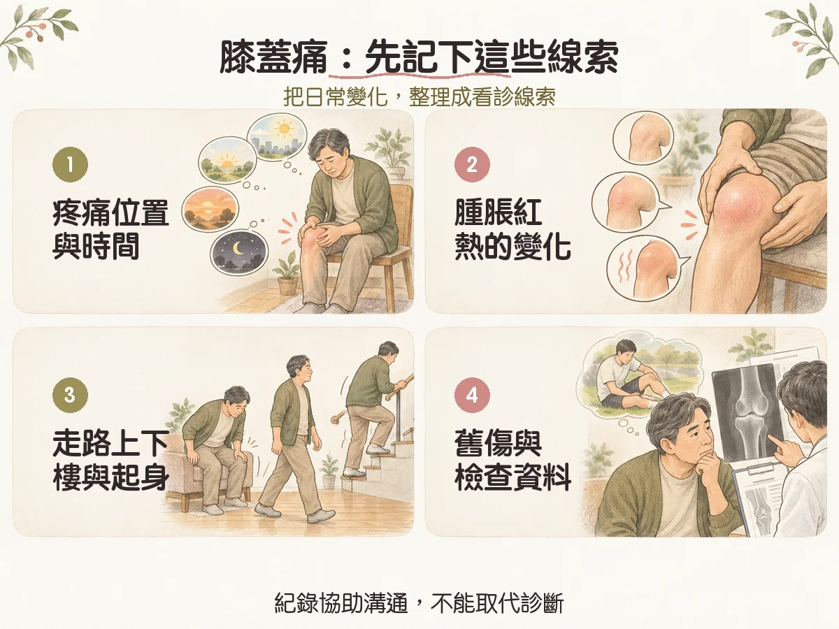 膝蓋痛就是退化嗎?常見不適、活動限制與就醫評估 1 膝蓋痛:先記下這些線索:疼痛位置與時間、腫脹紅熱的變化、走路上下樓與起身、舊傷與檢查資料