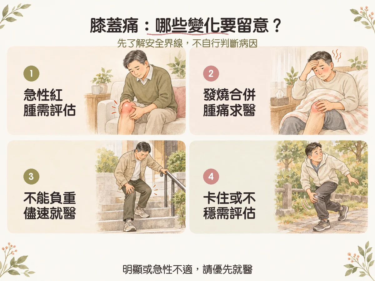 膝蓋痛就是退化嗎?常見不適、活動限制與就醫評估 2 膝蓋痛:哪些變化要留意?:急性紅腫需評估、發燒合併腫痛求醫、不能負重儘速就醫、卡住或不穩需評估