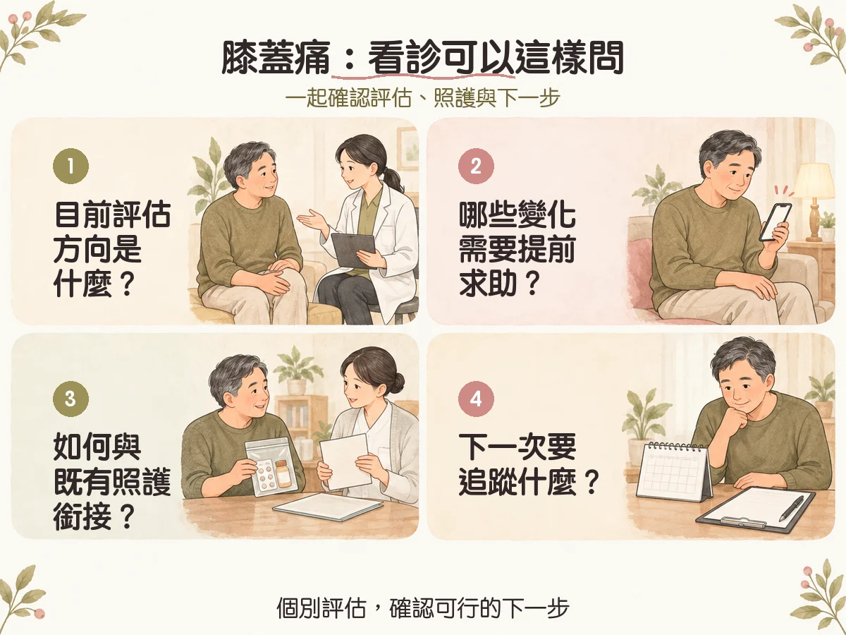 膝蓋痛就是退化嗎?常見不適、活動限制與就醫評估 3 膝蓋痛:看診可以這樣問:目前評估方向是什麼?、哪些變化需要提前求助?、如何與既有照護銜接?、下一次要追蹤什麼?