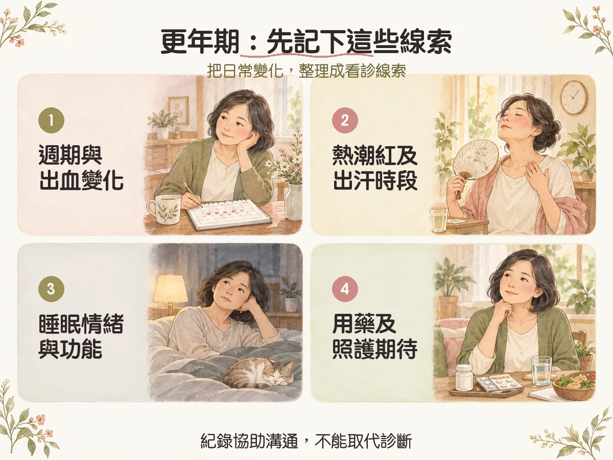 更年期：先記下這些線索：週期與出血變化、熱潮紅及出汗時段、睡眠情緒與功能、用藥及照護期待