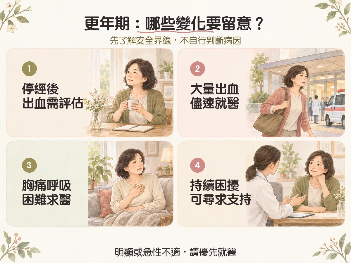 更年期：哪些變化要留意？：停經後出血需評估、大量出血儘速就醫、胸痛呼吸困難求醫、持續困擾可尋求支持