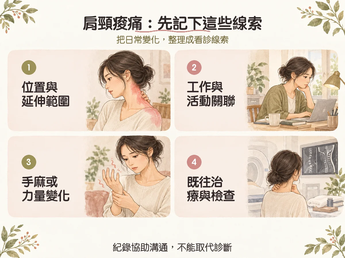 肩頸痠痛只是姿勢不好嗎?常見線索、手麻警訊與評估方向 1 肩頸痠痛:先記下這些線索:位置與延伸範圍、工作與活動關聯、手麻或力量變化、既往治療與檢查