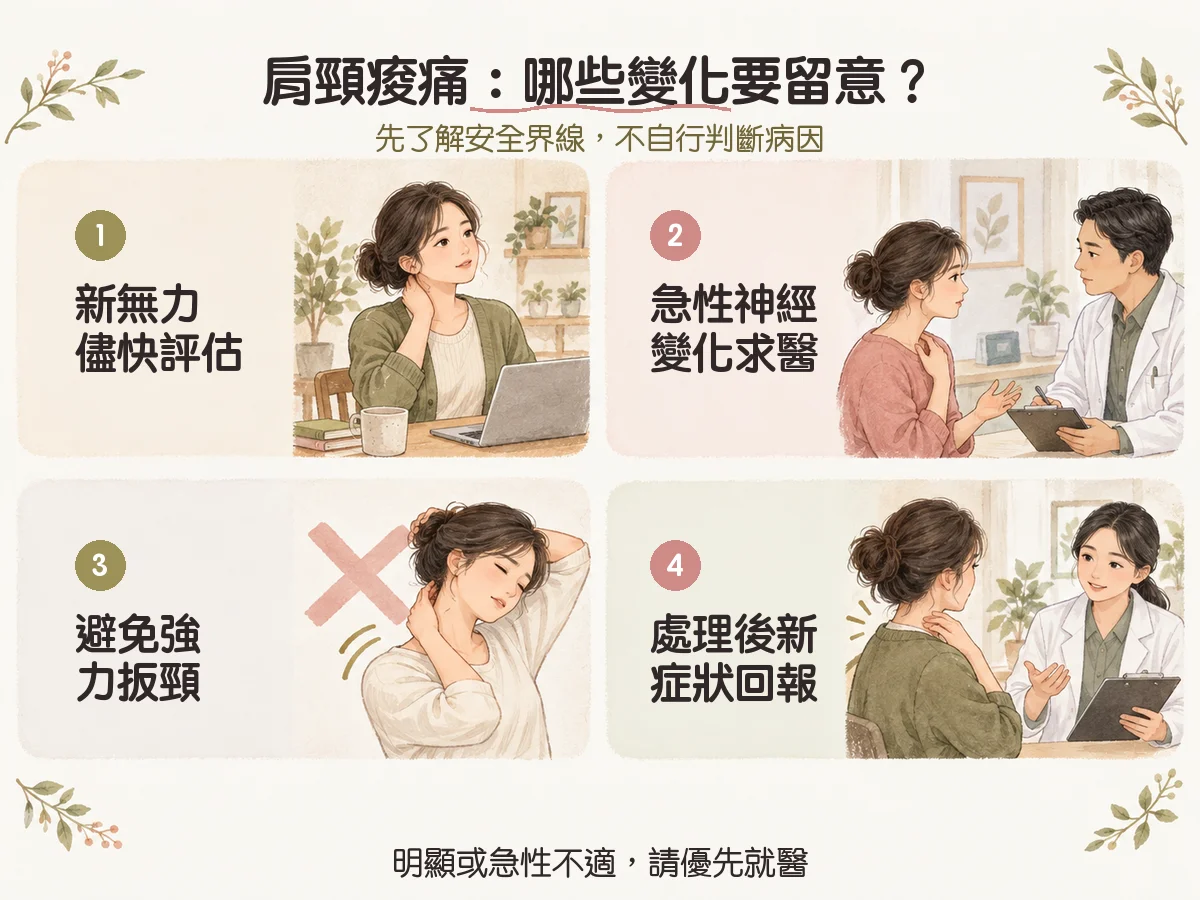 肩頸痠痛只是姿勢不好嗎?常見線索、手麻警訊與評估方向 2 肩頸痠痛:哪些變化要留意?:新無力儘快評估、急性神經變化求醫、避免強力扳頸、處理後新症狀回報