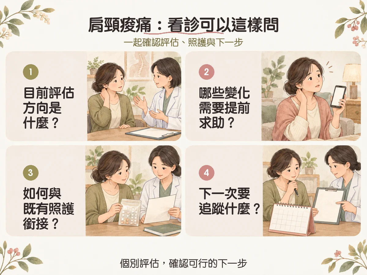 肩頸痠痛只是姿勢不好嗎?常見線索、手麻警訊與評估方向 3 肩頸痠痛:看診可以這樣問:目前評估方向是什麼?、哪些變化需要提前求助?、如何與既有照護銜接?、下一次要追蹤什麼?
