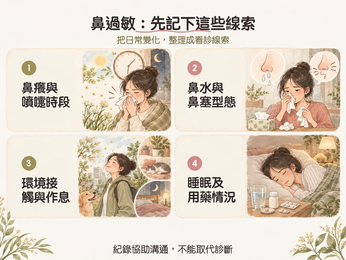 換季鼻過敏一直發作?症狀紀錄、日常照護與中醫評估 1 鼻過敏:先記下這些線索:鼻癢與噴嚏時段、鼻水與鼻塞型態、環境接觸與作息、睡眠及用藥情況
