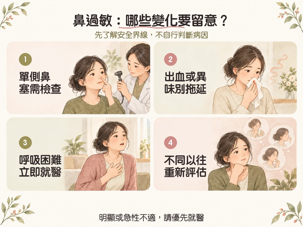 換季鼻過敏一直發作?症狀紀錄、日常照護與中醫評估 2 鼻過敏:哪些變化要留意?:單側鼻塞需檢查、出血或異味別拖延、呼吸困難立即就醫、不同以往重新評估