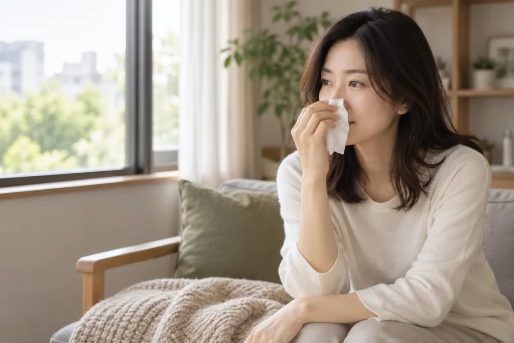 換季鼻過敏一直發作？症狀紀錄、日常照護與中醫評估：AI生成情境示意