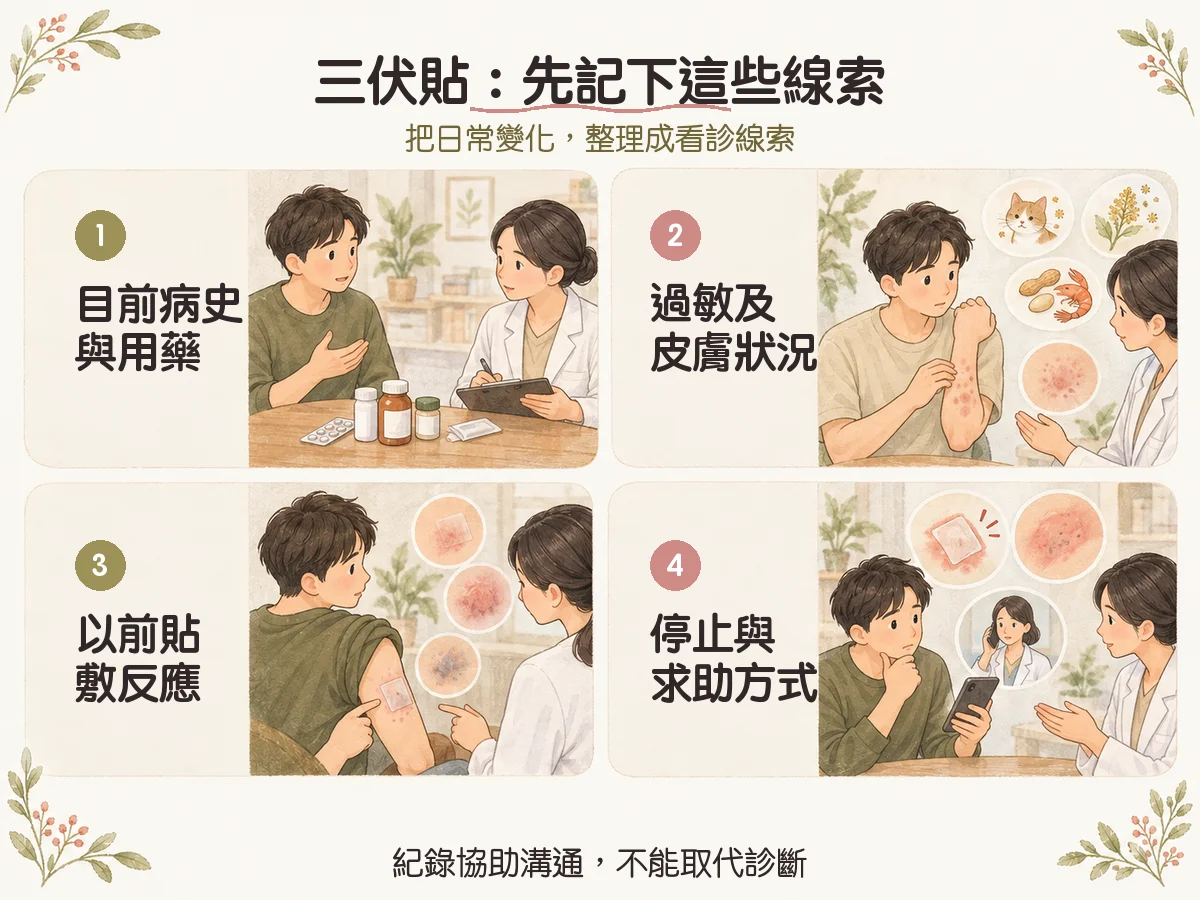 三伏貼：先記下這些線索：目前病史與用藥、過敏及皮膚狀況、以前貼敷反應、停止與求助方式
