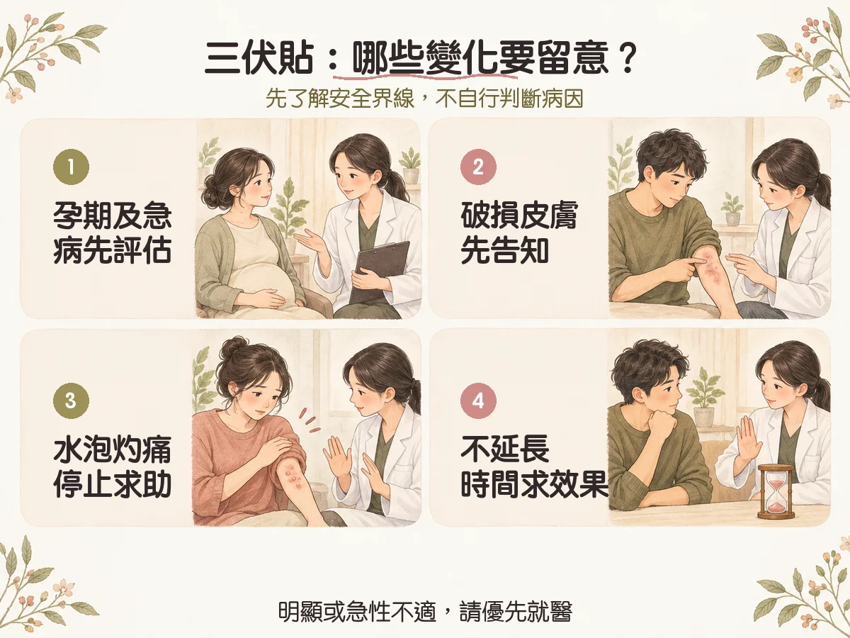 三伏貼：哪些變化要留意？：孕期及急病先評估、破損皮膚先告知、水泡灼痛停止求助、不延長時間求效果