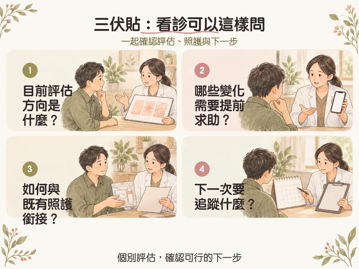 三伏貼：看診可以這樣問：目前評估方向是什麼？、哪些變化需要提前求助？、如何與既有照護銜接？、下一次要追蹤什麼？