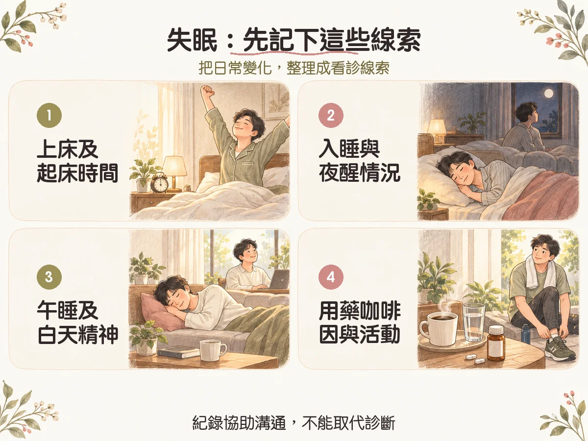 失眠不一定只是壓力大:睡眠紀錄、生活調整與就醫時機 1 失眠:先記下這些線索:上床及起床時間、入睡與夜醒情況、午睡及白天精神、用藥咖啡因與活動