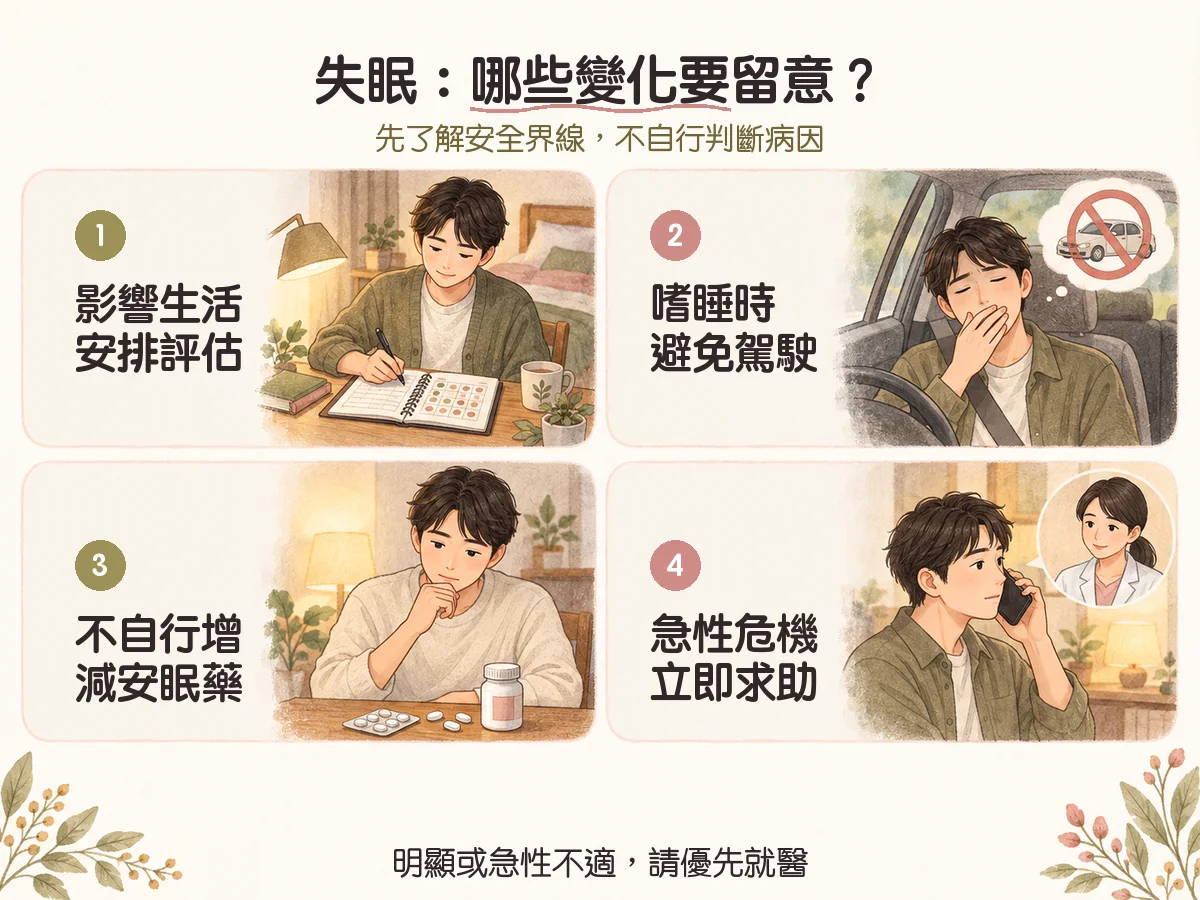 失眠不一定只是壓力大:睡眠紀錄、生活調整與就醫時機 2 失眠:哪些變化要留意?:影響生活安排評估、嗜睡時避免駕駛、不自行增減安眠藥、急性危機立即求助