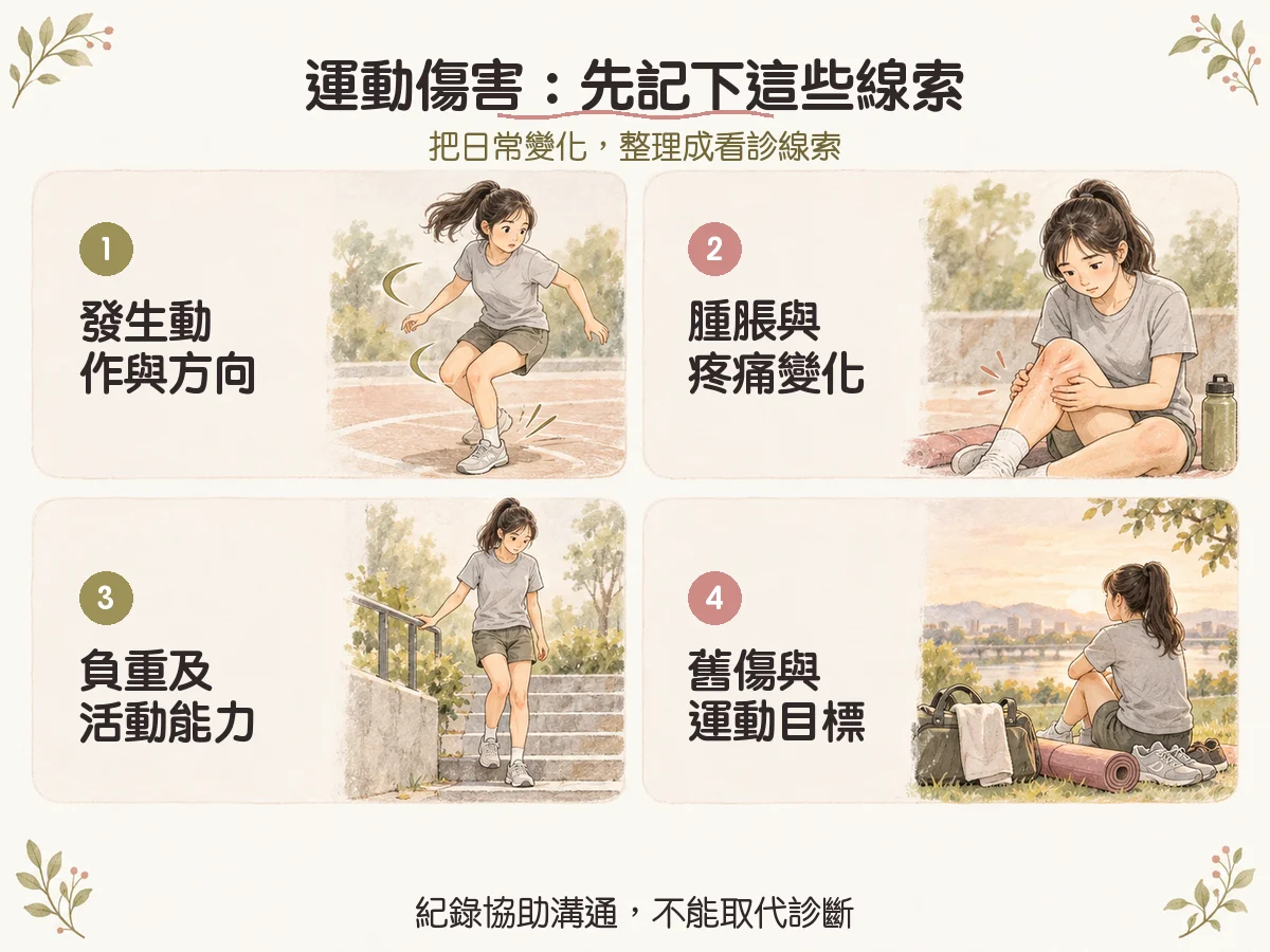 運動傷害：先記下這些線索：發生動作與方向、腫脹與疼痛變化、負重及活動能力、舊傷與運動目標