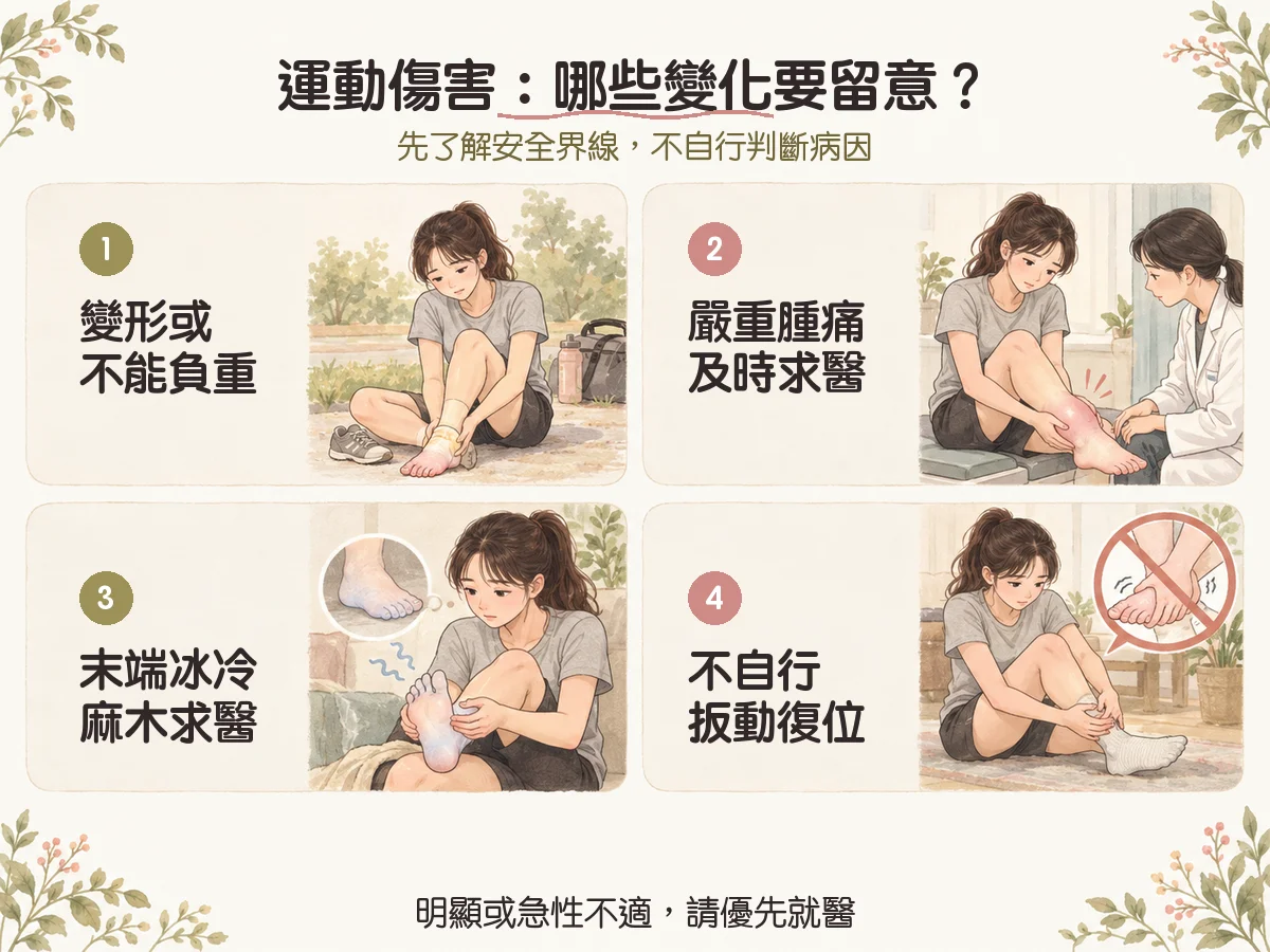 運動傷害：哪些變化要留意？：變形或不能負重、嚴重腫痛及時求醫、末端冰冷麻木求醫、不自行扳動復位