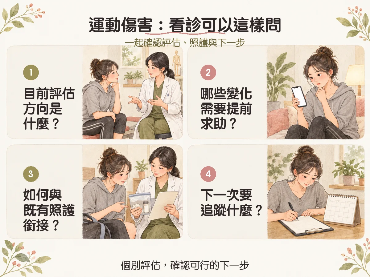 運動傷害：看診可以這樣問：目前評估方向是什麼？、哪些變化需要提前求助？、如何與既有照護銜接？、下一次要追蹤什麼？
